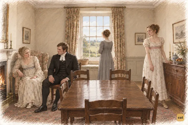 Mrs. Bennet prepares her doleful appeal to Collins while Lydia stands her ground.