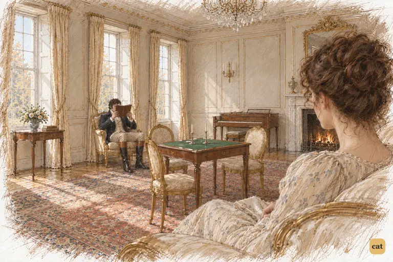 Elizabeth watches Darcy across the drawing-room at Netherfield.