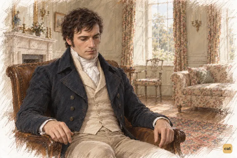 Darcy sits in thoughtful silence at Longbourn, his eyes lowered to the carpet.