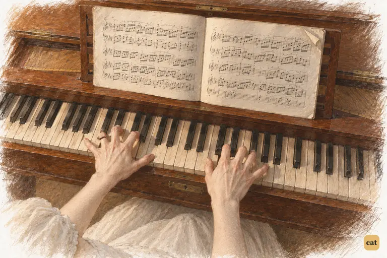 Mary Bennet’s rigid hands work through the crowded concerto score.