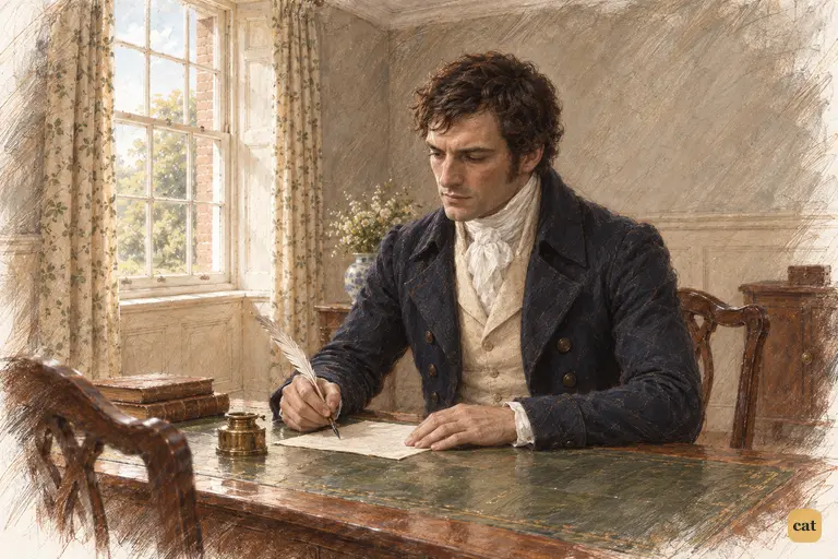 Darcy pauses over his letter to Lady Catherine, quill poised and fingertips steady