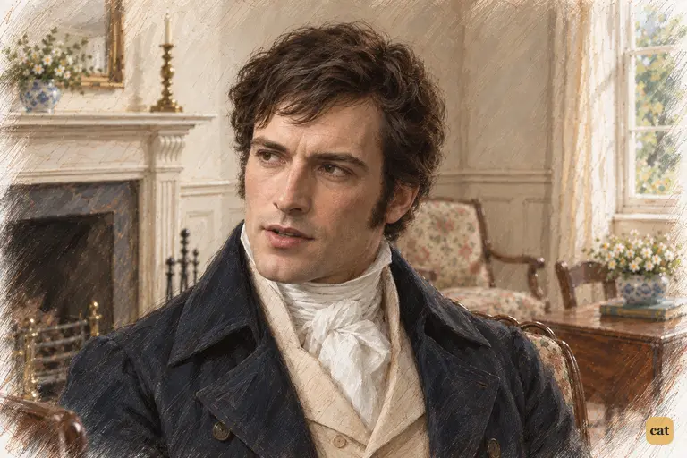 Darcy turns towards the mantel and begins a courteous remark about the house.