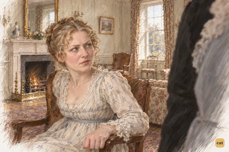 Mrs. Bennet grips her chair arm as she watches Charlotte and Collins whisper together.