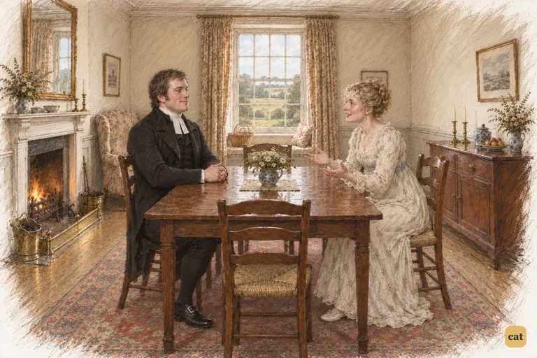 Mrs. Bennet eagerly congratulates Mr. Collins across the breakfast table.