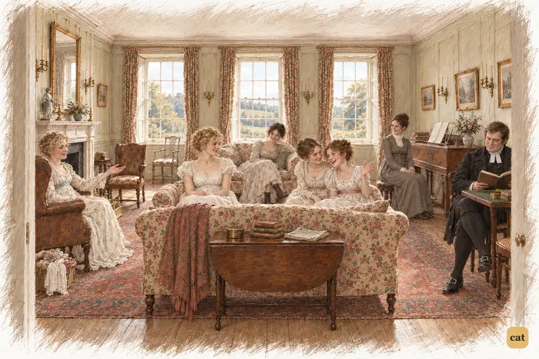 The prospect of the Netherfield ball animates the women at Longbourn.