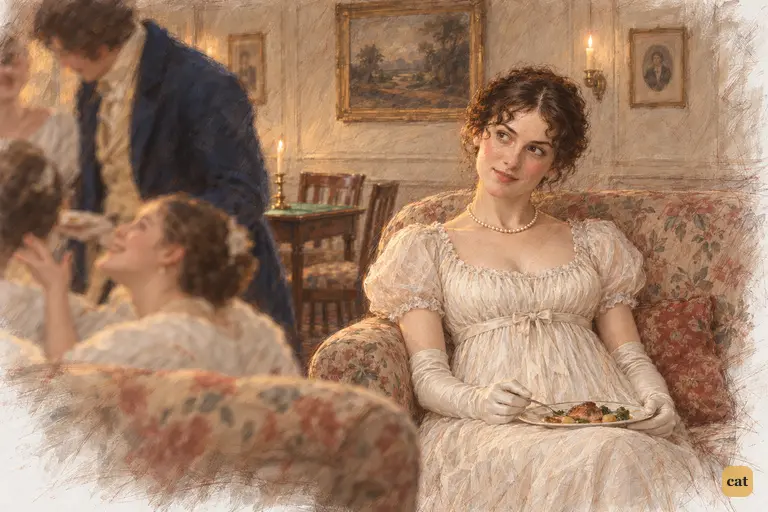 Elizabeth sits with her supper forgotten, her gaze following Wickham through the noisy company.