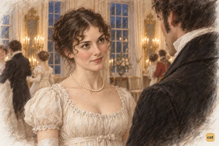 Elizabeth meets Darcy’s question with a lifted chin and a restrained, knowing smile.