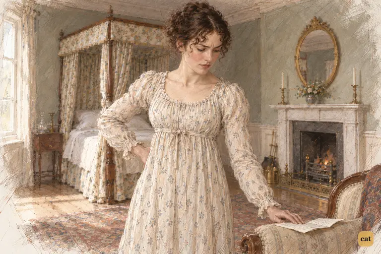 Elizabeth pauses over Mrs. Bennet’s reply beside Jane’s armchair.