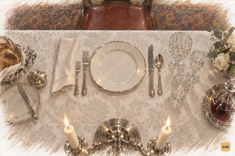 A broad stretch of bare damask and an empty chair give quiet weight to Darcy’s departure.