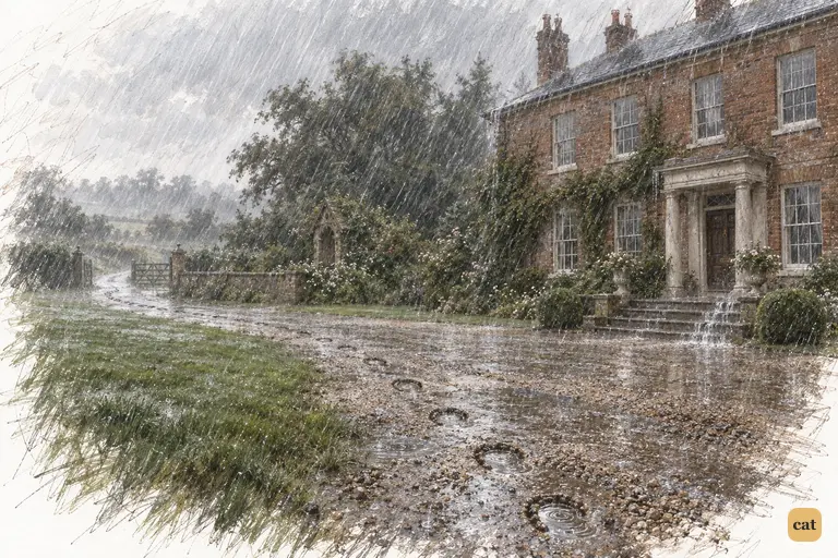 Hard rain sweeps across Longbourn moments after Jane rides away.
