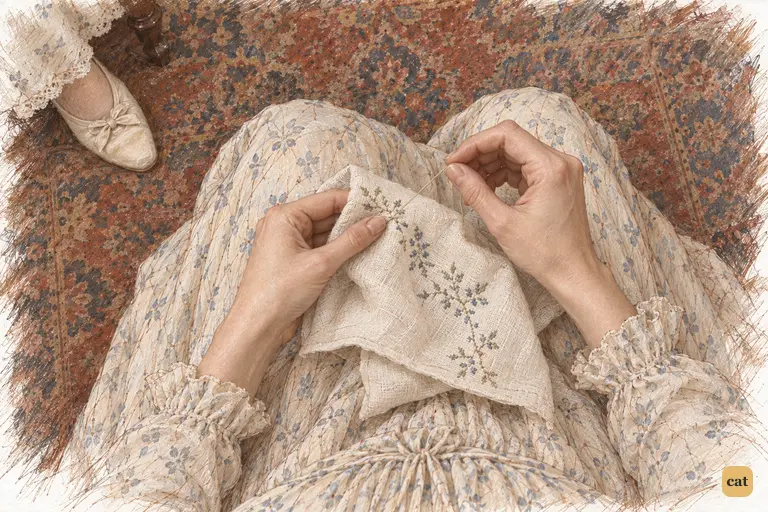 Elizabeth sews quietly, giving Mrs. Bennet a restrained reply