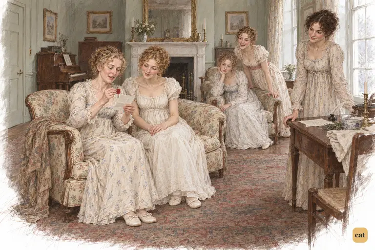 Mrs. Bennet opens Bingley's answer while her daughters watch with hopeful curiosity.