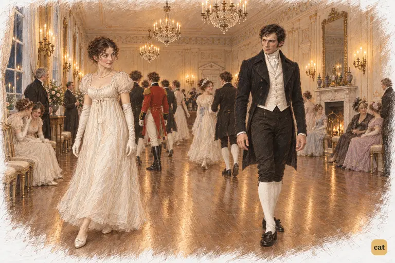 Elizabeth and Darcy pause at the southern end of the dancing set.