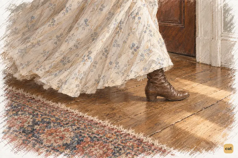 Elizabeth's clean cambric hem sweeps the carpet as she leaves the breakfast-parlour