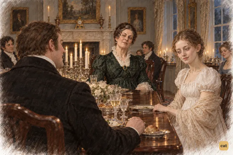 Collins bows over the candlelit table as Lady Catherine and Anne receive his compliment