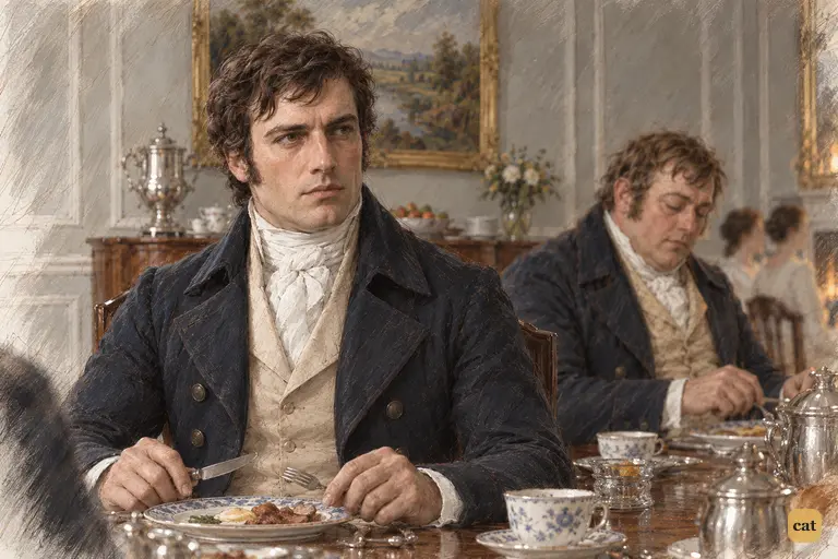 Darcy pauses over his breakfast, holding a steady look toward Elizabeth in the doorway.