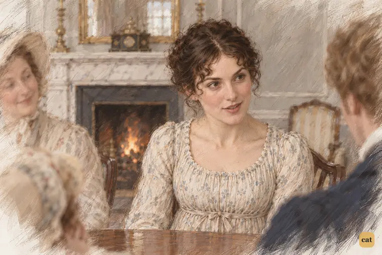 Elizabeth answers Bingley with a raised brow and an amused half-smile.