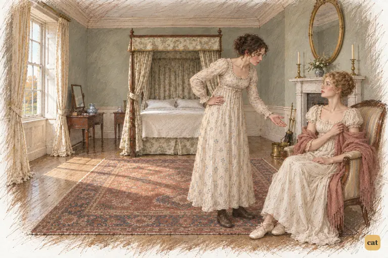 Elizabeth stands beside Jane in Netherfield's guest chamber, urging them to leave