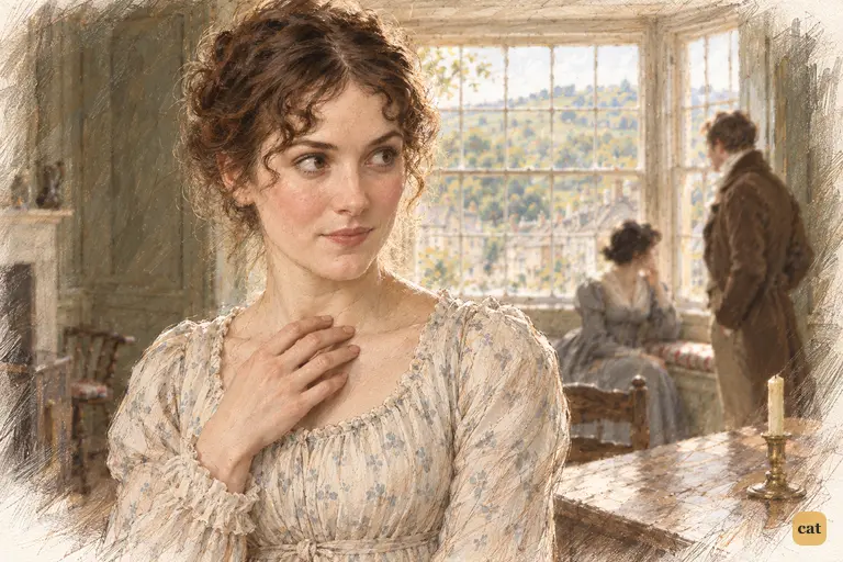 Elizabeth pauses before the bright inn window, surprised by her eagerness to please Darcy’s sister.