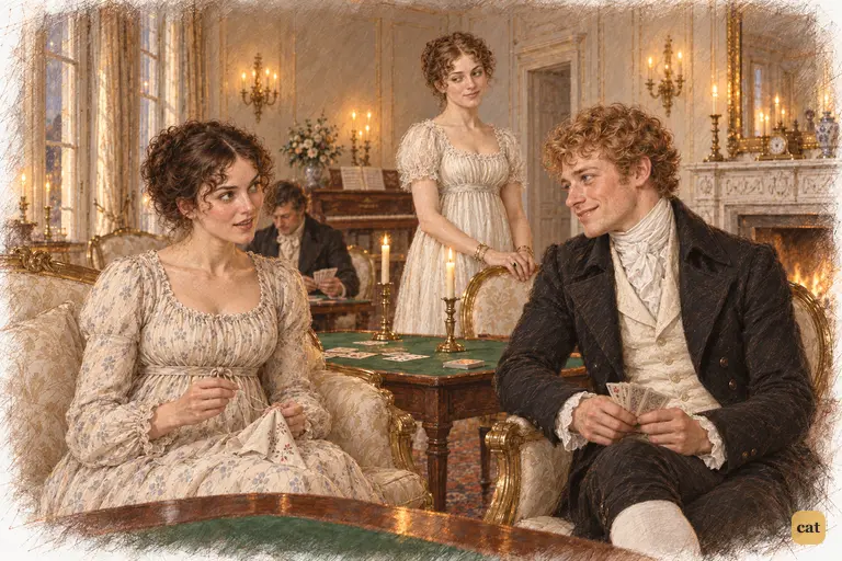 Elizabeth pauses her needlework to turn Bingley’s self-deprecation into a playful compliment.