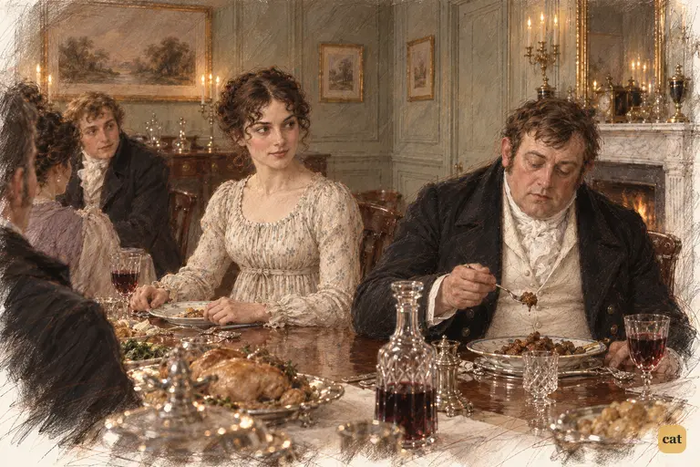 Elizabeth sits composed beside Mr. Hurst, whose attention belongs entirely to his dinner.