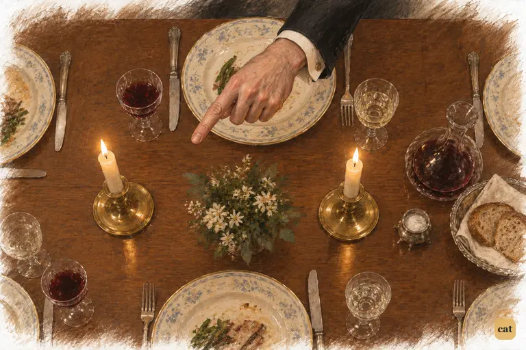 Collins punctuates his correction with a rigid forefinger above his dinner plate.