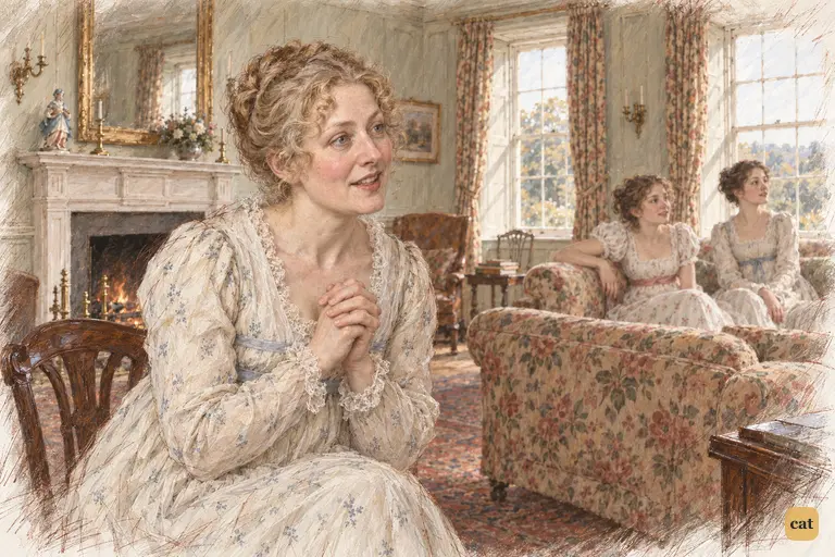 Mrs. Bennet perches on the edge of her chair, urging Jane to reveal the note’s contents.