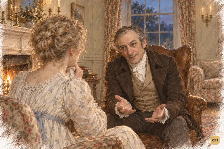 Mr. Bennet leans forward with open palms, gravely offering the introduction himself.