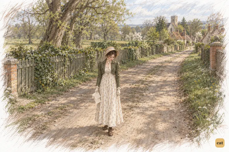 Elizabeth Bennet stands arrested in the spacious lane, her lowered letter beside her skirt.