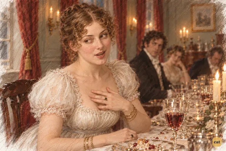 Louisa Hurst feigns regret for Jane's prospects, her sidelong smile betraying pleasure