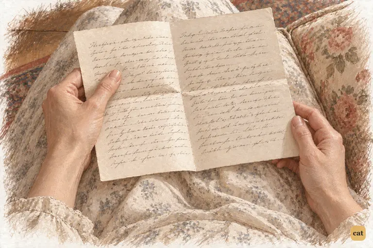 Elizabeth holds Jane's closely written letter across her lap, flattening its central fold