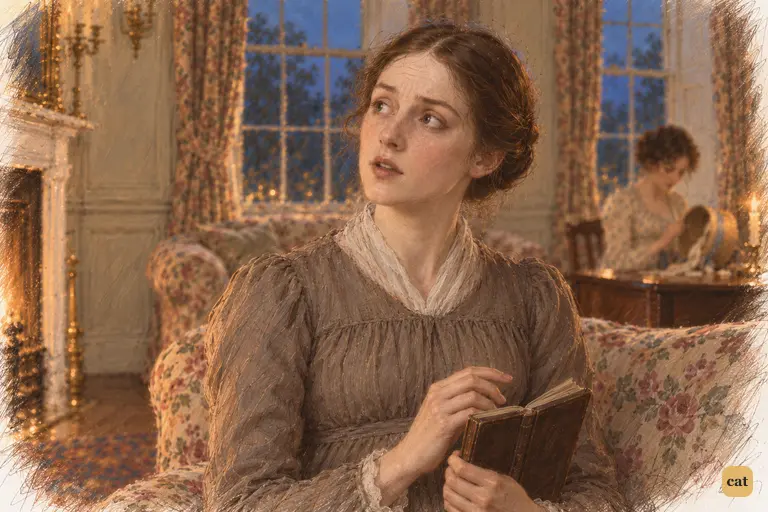Mary Bennet holds her lips parted, searching for a sensible answer as her father continues speaking.