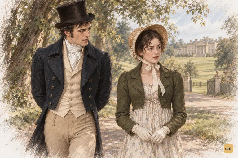 Darcy turns his grave attention toward Elizabeth as they walk through the park.