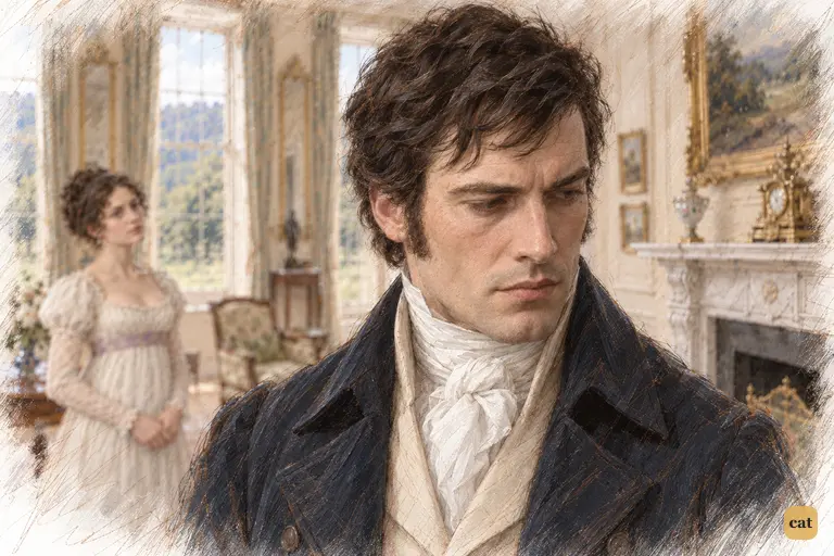 Darcy’s tightened jaw and firmly closed lips betray his irritation as he holds his silence.