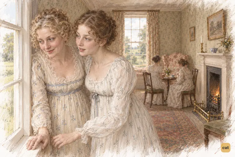 Kitty turns to Mrs. Bennet, recognizing the approaching visitor's proud bearing