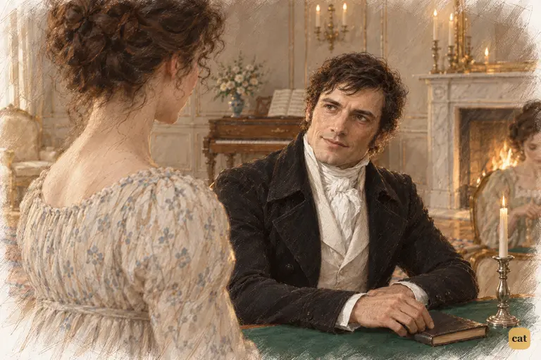 Darcy answers Elizabeth’s teasing accusation with a rare, open smile.