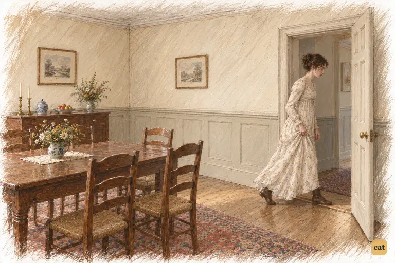Elizabeth crosses the breakfast-room threshold before curiosity can overcome her promise of silence.