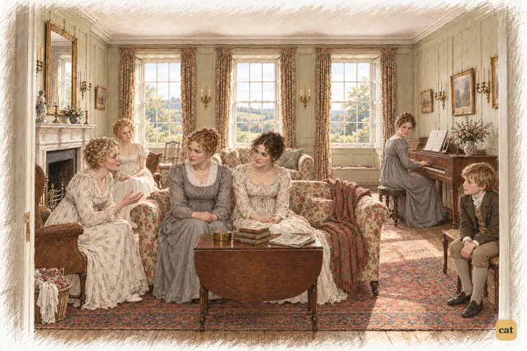 Mrs. Bennet compliments Charlotte while the crowded drawing-room discusses the assembly