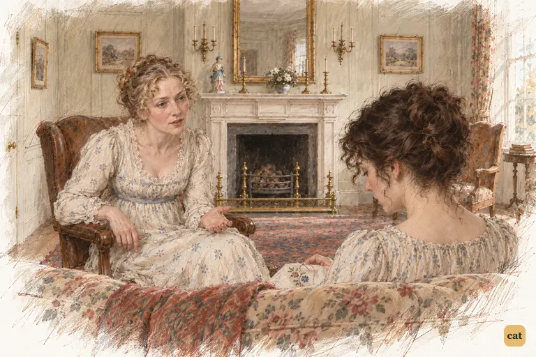 Mrs. Bennet leans toward Elizabeth, turning praise of Charlotte’s housekeeping into a sour inquiry.