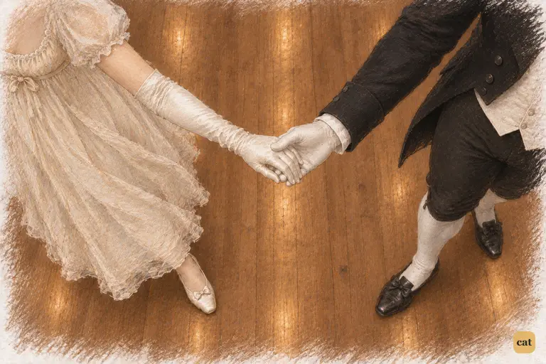 Elizabeth and Darcy lightly join their right hands as they turn through the dance.