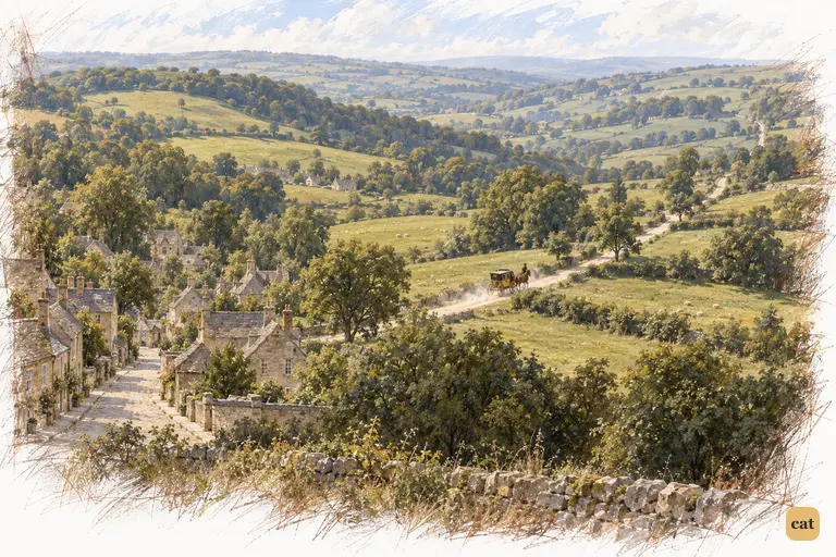 A tiny post-chaise hastens away from Lambton through sunlit Derbyshire hills.