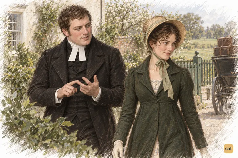 Mr. Collins counts off his farewell commissions as he escorts Elizabeth toward the waiting chaise.