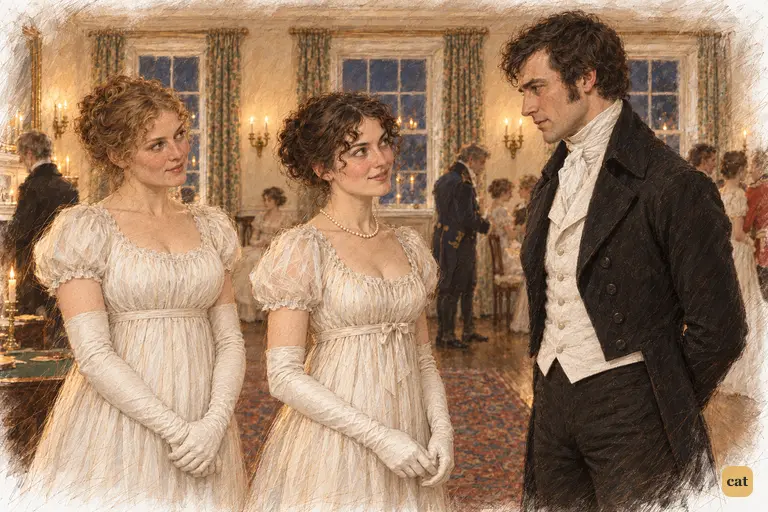 Charlotte's raised brow provokes Elizabeth to turn toward Darcy, chin lifting