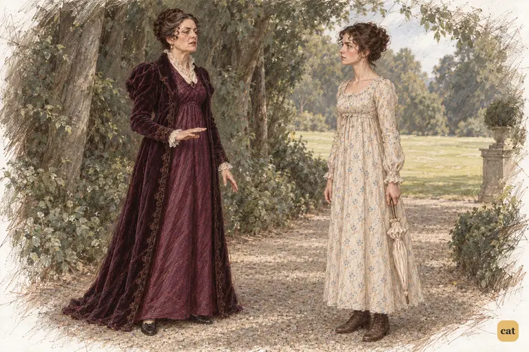 Inside Longbourn's copse, Lady Catherine stops Elizabeth and demands an explanation