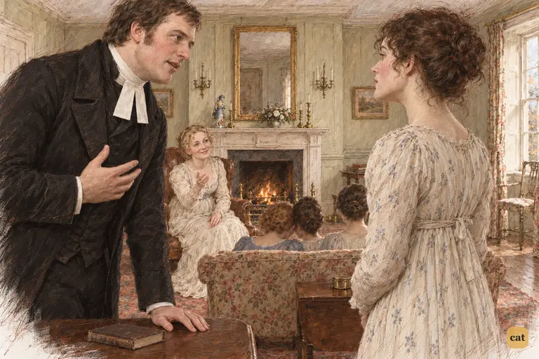 Mrs. Bennet signals her delighted approval of Mr. Collins's attentions across the drawing-room.