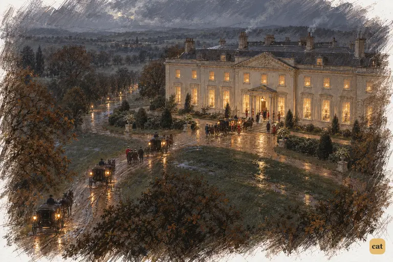 Netherfield blazes with golden windows above the rain-soaked November park.