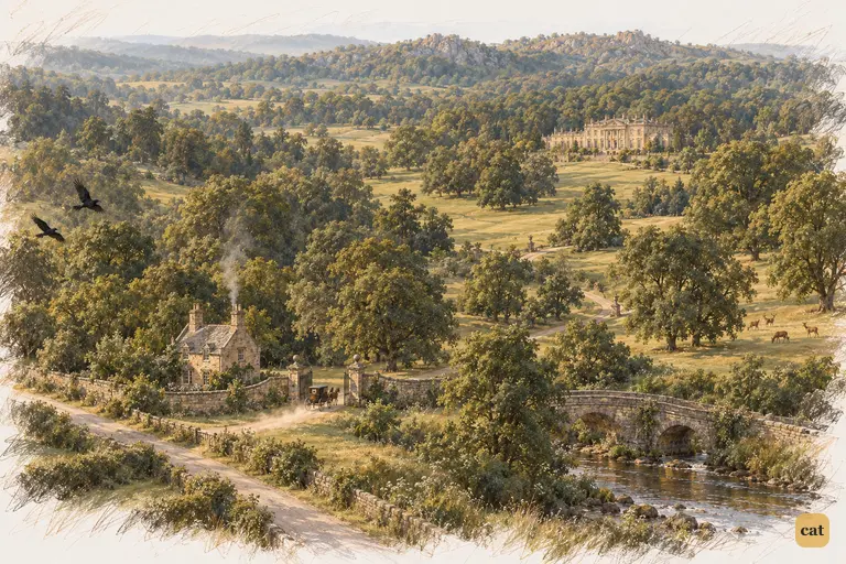 A tiny carriage approaches Pemberley’s lodge beneath a vast sweep of summer woodland.