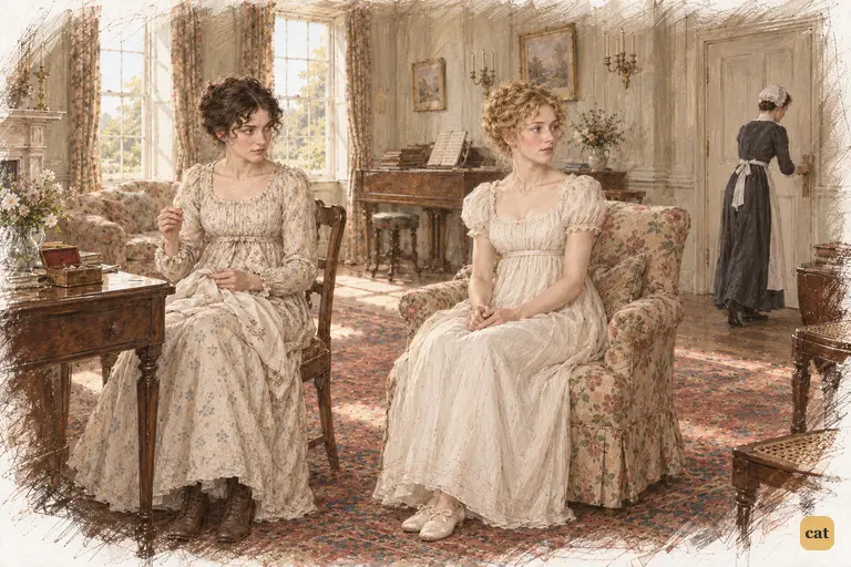 Elizabeth pauses her needlework and searches Jane’s face for reassurance.