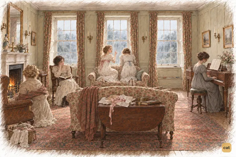 Kitty and Lydia kneel at the rain-streaked window, restless for the Netherfield ball