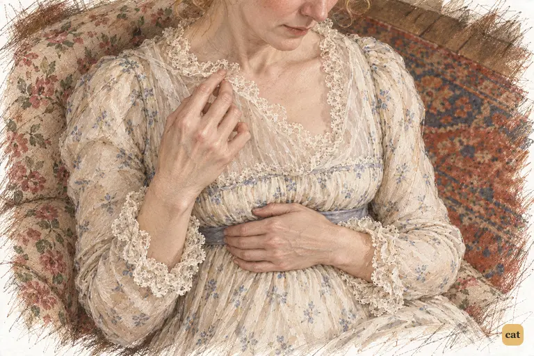 Mrs. Bennet plucks at the lace at her throat, sunk into the chintz sofa.